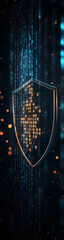 Wall Mural - digital shield with binary code and glowing lights – cybersecurity and data protection concept verti