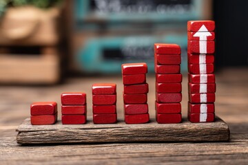 Fototapete - Building growth with red blocks illustrating increasing success on a wooden base during a business planning session