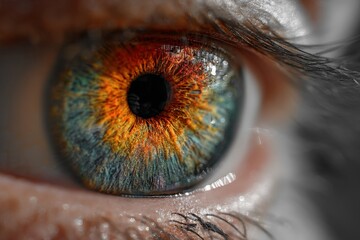 Poster - Detailed close-up view of a human eye showcasing vibrant colors and intricate patterns in the iris during natural light