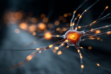 Leinwandbilder - Detailed close-up view of a neuron with glowing connections illustrating brain activity and neural networks in an abstract style