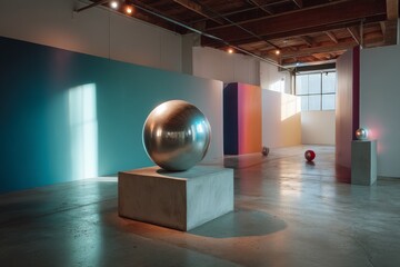 Poster - Art exhibit showcasing reflective sculptures in a brightly colored gallery space with modern design elements