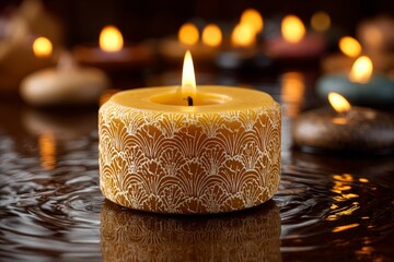 Aufkleber - Elegant yellow candle illuminates tranquil water surface amidst soft glowing lights in a peaceful setting at night