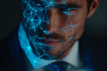 Poster - Man in suit with digital network projection on his face in modern office setting