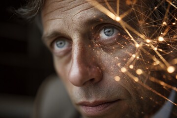 Fototapete - Man with intense gaze surrounded by abstract sparkles representing creativity and inspiration in a close-up shot