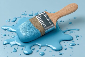 Aufkleber - Paintbrush resting on a blue paint puddle with drips on a light blue surface during a creative art project