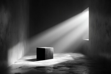 Aufkleber - Light beams illuminate a solitary cube in a minimalist room during the early morning
