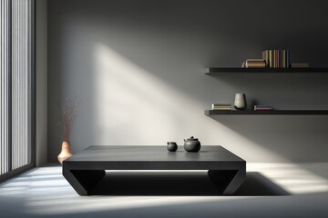 Aufkleber - Modern minimalist living room featuring a sleek black table, tea set, and soft lighting in a contemporary space