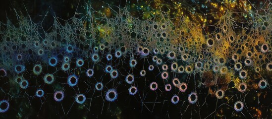 Microscopic web; iridescent bubbles; dark background; science; abstract art