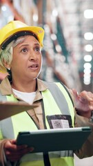 Aufkleber - Woman, storage and tablet for logistics training in warehouse distribution of cargo for shipping. Factory delivery, mature supervisor and plant worker speaking for coaching staff, group or team task