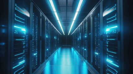 Fototapete - Symmetrical perspective of a high-security server room with blue ambient lighting, great for showcasing enterprise-grade cloud systems and IT operations environments