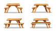 © wendy - Variety of Wooden Picnic Tables in Different Arrangements for Outdoor Dining and Recreation