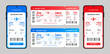 © StarTemplate - Boarding pass set. Airplane ticket online booking in the phone. Digital airline boarding pass on mobile screen. Vector illustration.
