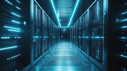 Fototapete - Futuristic corridor in a secure data center illuminated by vivid blue lighting and sleek server racks. Ideal for tech infrastructure, AI systems, and cloud storage presentations