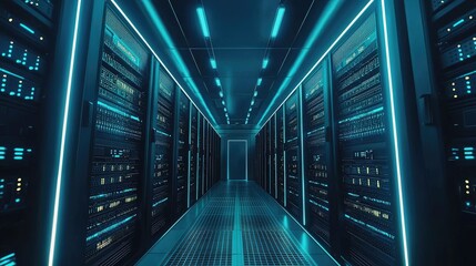 Poster - Modern high-security data center corridor with illuminated server racks and futuristic lighting. Ideal for cloud computing, IT networks, AI storage, and digital security solutions