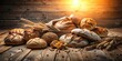 © VisualVault - Golden Hour Bakery Display Rustic Wooden Table with an Assortment of Freshly Baked Breads and Wheat
