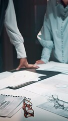 Aufkleber - Hands, night and business people in meeting with paperwork for proposal, stats or market research for report review. Late, strategy and team with documents, graphs or chart for project management