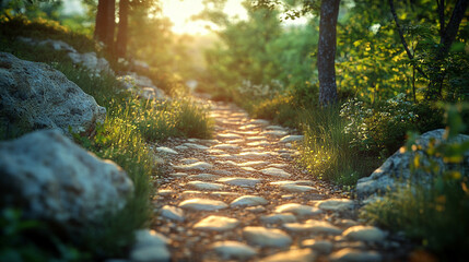 Wall Mural - Winding path through rugged rocky terrain surrounded by large boulders. A serene natural landscape evoking a sense of solitude, adventure, and exploration. Blurred background adds depth and calm.

