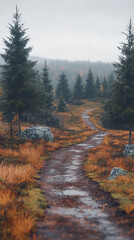 Wall Mural - Winding path through rugged rocky terrain surrounded by large boulders. A serene natural landscape evoking a sense of solitude, adventure, and exploration. Blurred background adds depth and calm.

