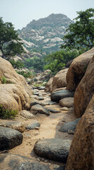 Wall Mural - Winding path through rugged rocky terrain surrounded by large boulders. A serene natural landscape evoking a sense of solitude, adventure, and exploration. Blurred background adds depth and calm.

