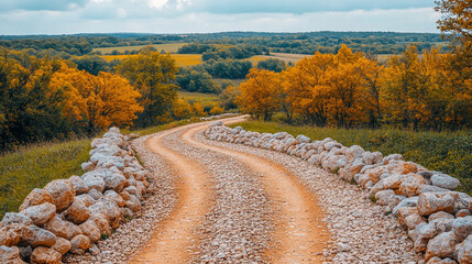 Wall Mural - Winding path through rugged rocky terrain surrounded by large boulders. A serene natural landscape evoking a sense of solitude, adventure, and exploration. Blurred background adds depth and calm.

