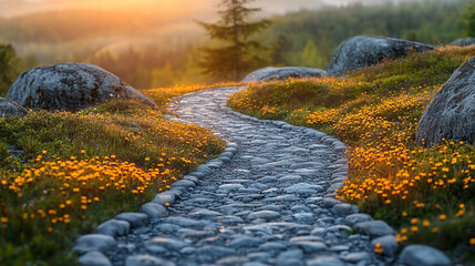 Wall Mural - Winding path through rugged rocky terrain surrounded by large boulders. A serene natural landscape evoking a sense of solitude, adventure, and exploration. Blurred background adds depth and calm.

