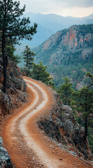 Wall Mural - Winding path through rugged rocky terrain surrounded by large boulders. A serene natural landscape evoking a sense of solitude, adventure, and exploration. Blurred background adds depth and calm.

