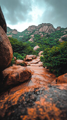 Wall Mural - Winding path through rugged rocky terrain surrounded by large boulders. A serene natural landscape evoking a sense of solitude, adventure, and exploration. Blurred background adds depth and calm.

