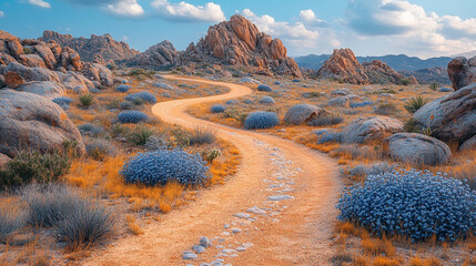 Wall Mural - Winding path through rugged rocky terrain surrounded by large boulders. A serene natural landscape evoking a sense of solitude, adventure, and exploration. Blurred background adds depth and calm.

