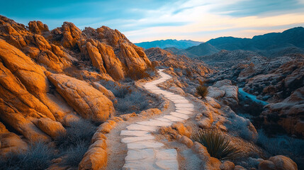 Wall Mural - Winding path through rugged rocky terrain surrounded by large boulders. A serene natural landscape evoking a sense of solitude, adventure, and exploration. Blurred background adds depth and calm.

