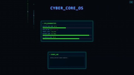 Dynamic retro cyberpunk UI with data rain, glitch effects, preloader, and system diagnostics. Simulates a futuristic hacker terminal or operating system. Ideal for tech or sci-fi.