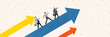 © Lustre Art Group  - Together Up. Conceptual collage. Group of professionals climbs colorful arrows pointing upward with briefcases and confident steps, aiming for success together. Concept of teamwork, career development