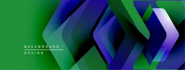 Poster - Abstract geometric design. Overlapping squares create dynamic visual effect. Green, blue hues dominate composition. Modern style.