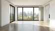 © Lasvu - Empty large living room with white walls, laminate floor, and balcony doors