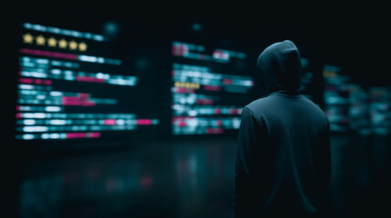 Wall Mural - digital intrigue: a hooded figure stands before a mesmerizing digital interface, a realm of complex 
