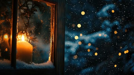 Wall Mural - Wintery night scene viewed from a glowing candlelit window, distant stars twinkling.