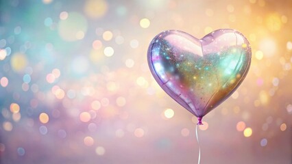 Wall Mural - a shimmering heart-shaped balloon floats against a backdrop of soft, pastel bokeh lights, creating a