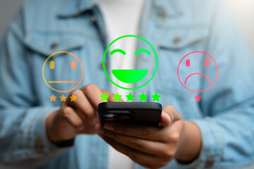 Canvas Print - Happy customer providing 5-star review via mobile application after receiving outstanding service and quality product. Online customer feedback plays crucial role in business ranking, Consumer trust