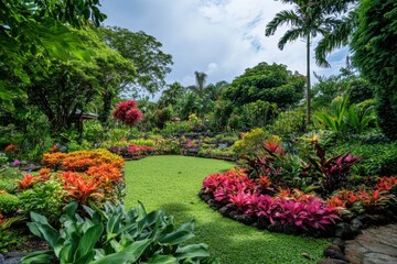 Lush tropical garden with vibrant flora and palm trees for landscaping, botanical studies, and nature photography projects