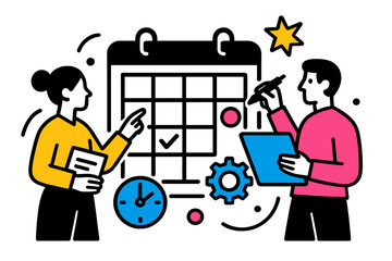 Leinwandbilder - Professionals discussing schedule planning with a calendar and tasks in an office setting during working hours