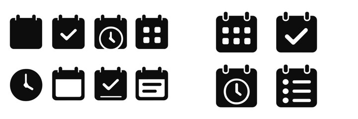 Poster - Black icons representing calendar, time management, and task scheduling on a white background showing various organizational tools for productivity