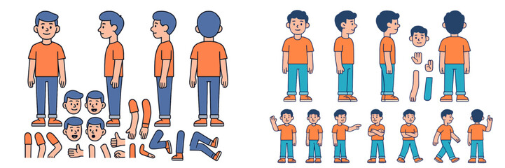 Aufkleber - Character design set featuring various poses and expressions for a young male figure in casual attire