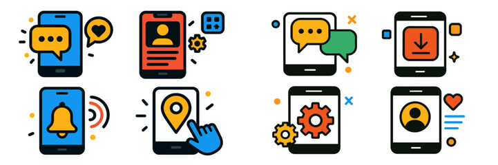 Fototapete - Communication tools illustrate interaction features for mobile applications in a creative design layout