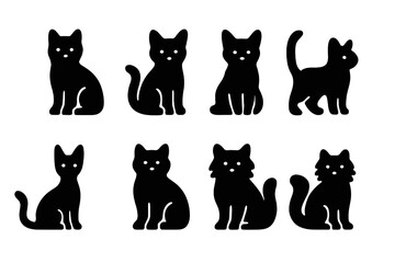 Aufkleber - Multiple black silhouette cats in various poses with expressive features on a white background