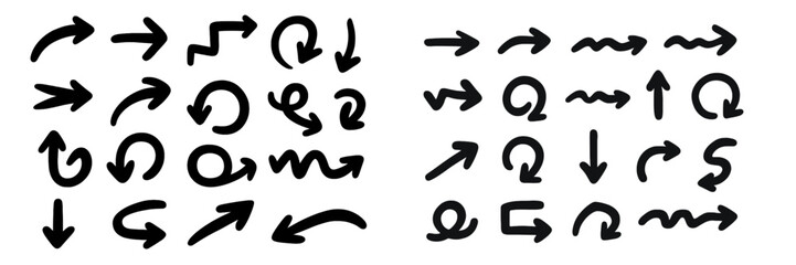 Poster - Collection of vector black arrows showcasing various styles and directions in a minimalist design for graphic use