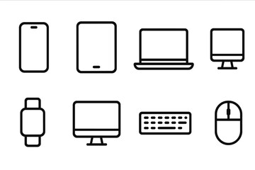 Fototapete - Various electronic devices displayed in simple line art design on a white background for modern tech enthusiasts