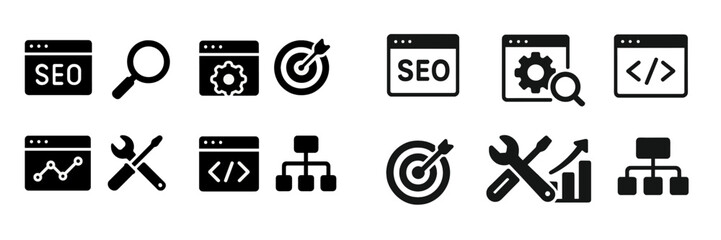 Aufkleber - Icons representing search engine optimization strategies and tools for digital marketing and website improvement