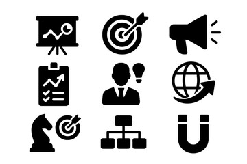 Poster - Icons representing business concepts such as strategy, marketing, analytics, and networking in a modern design