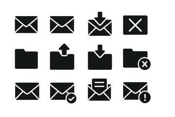 Poster - Collection of black and white mail and folder icons on a simple background for digital communication concepts