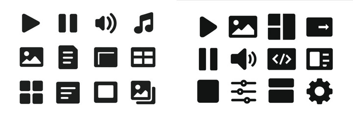 Aufkleber - Icon set featuring playback, audio, and visual symbols for digital interfaces used in various media applications