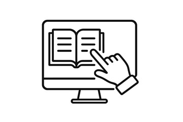 Aufkleber - Hand pointing at an open book displayed on a computer screen in a modern workspace setting during daytime